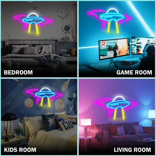 Vista 4 de Letrero de neón OVNI de nave espacial con luces LED de neón regulables para pared, letrero de neón OVNI para dormitorio, niños, espacio
