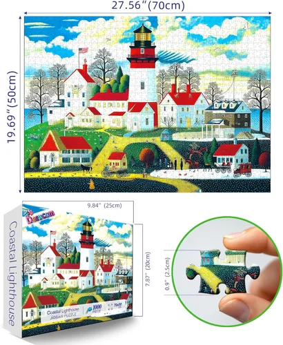 Vista 3 de Rompecabezas del Faro del Pueblo Costero de Nueva Inglaterra, 1000 Piezas, Arte Escénico Costero con Carruajes de Caballos, Estilo de Arte Popular