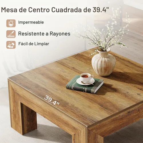Vista 5 de Tribesigns - Mesa de café cuadrada estilo granja para sala de estar, mesa de centro baja grande de 39.37 pulgadas con patas resistentes, fácil Marrón