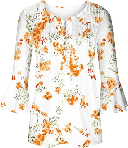 Vista 24 de Ceboyel Blusa tipo túnica con estampado floral para mujer, con botones, estilo Henley, con manga de codo, casual, trajes de moda para mujer