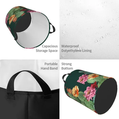 Vista 4 de Cesto circular con estampado floral de cactus, impermeable, cesta organizadora de lavandería, con asas, para ropa, juguetes, pequeña