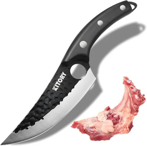 Vista 9 de Kitory Cuchillo de carnicero para cortar carne, cuchillo vikingo forjado a mano con mango ergonómico de madera, cuchillo de chef chino de acero