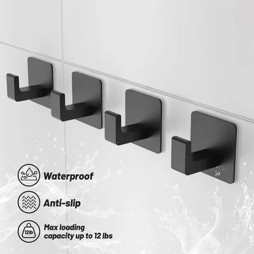 Vista 3 de Ganchos de toalla para adhesivo de baño, paquete de 4 ganchos de baño negro mate para toallas, gancho de toalla resistente a la corrosión, ganchos