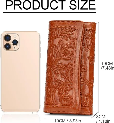 Vista 5 de MEITRUE Cartera de cuero para mujer, con bloqueo RFID, triple pliegue, con relieve, soporte para tarjetas, organizador de chequera para teléfono