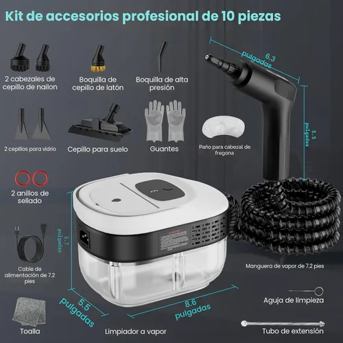 Vista 6 de Limpiador de vapor de mano para el hogar, vapor de alta presión de 2500 W, calentamiento rápido de 15 segundos, tanque de 1.6 L, limpiador de vapor