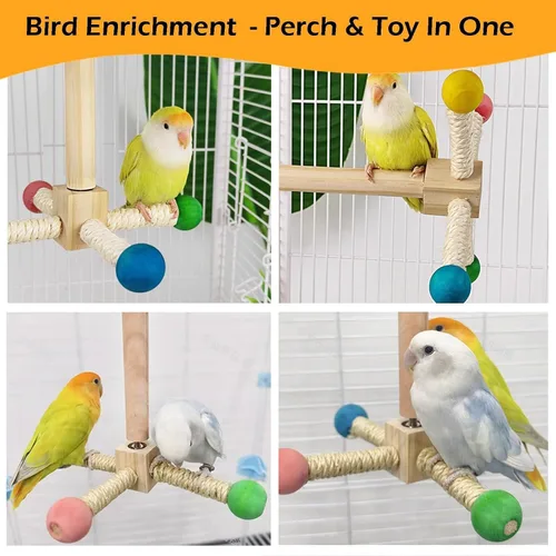 Vista 6 de Juguete de percha para pájaros, juguetes interactivos giratorios para periquitos, rueda de ejercicio de madera, juguete de loro, juguete