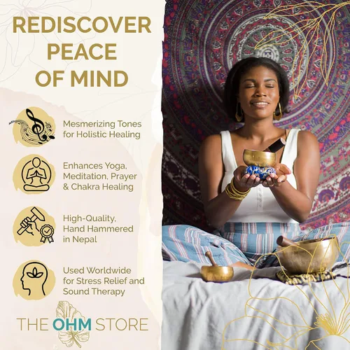 Vista 5 de Juego de regalo de cuenco cantante tibetano hecho a mano – Cuenco de sonido de 3.5 pulgadas para meditación, curación de sonido y yoga – Regalo