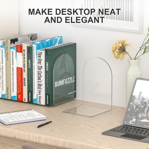 Vista 5 de Sujetalibros acrílicos de 4 piezas, sujetalibros transparentes para estantes, extremos de libros para estantes y organizador de escritorio, tapón