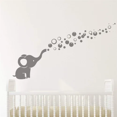Vista 3 de Calcomanía de pared con burbujas que soplan elefantes, adhesivo de vinilo extraíble para guardería (gris)
