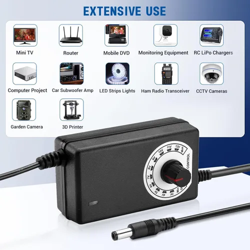 Vista 6 de Facmogu Fuente de alimentación ajustable de CA a CC, 100-240V AC a 3-12V DC 24W Adaptador de corriente Controlador de velocidad, Variable DC 3V 5V
