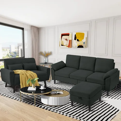 Vista 17 de Juego de sofá modular convertible de 79 pulgadas, moderno sofá pequeño en forma de L de lino con otomana reversible y sofá biplaza, sofás de 3 Beige