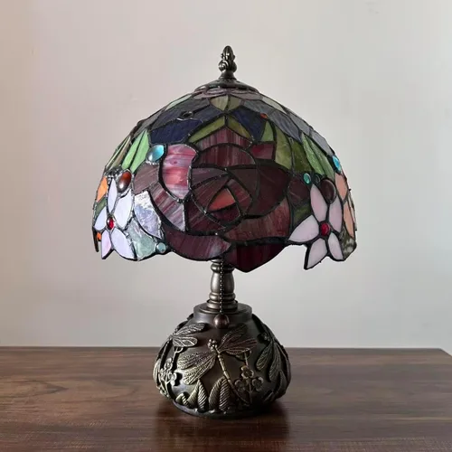 Vista 8 de Tiffany - Lámpara de mesa con diseño de flores, color rojo, naranja y azul, incluye base de libélula para sala de estar, dormitorio, mesita