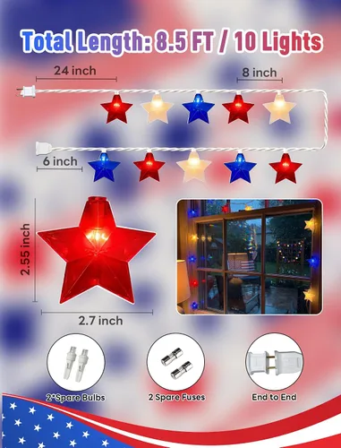 Vista 2 de Abeja Cadena de luces de estrellas de cinco puntas, 8.5 pies, luces de estrella roja, blanca y azul con 10 estrellas LED, luces patrióticas de hadas