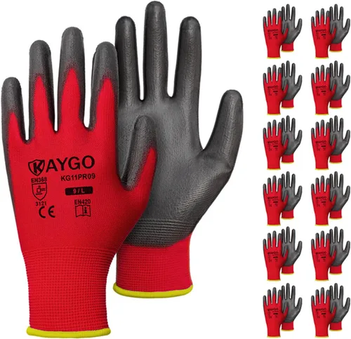 Vista 87 de KAYGO KG11PB - Guantes de trabajo de seguridad con revestimiento de poliuretano, 12 pares de guantes de punto sin costuras para hombres y mujeres