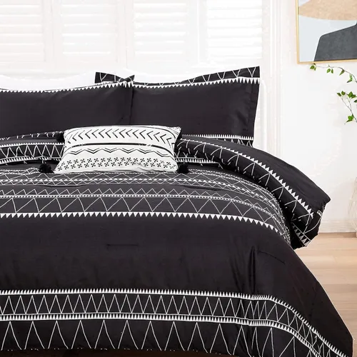 Vista 6 de WONGS BEDDING Juego de edredón negro tamaño matrimonial, edredón reversible bohemio a rayas de plumón alternativo para cama matrimonial, 3 piezas