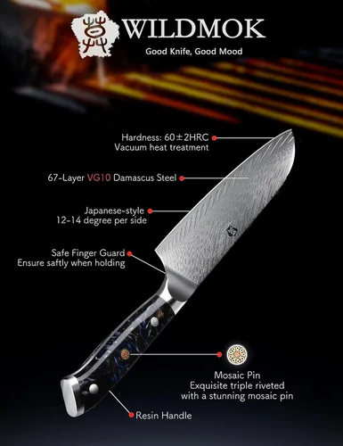Vista 5 de WILDMOK Cuchillo Santoku, cuchillo de cocina japonés forjado de damasco de 7 pulgadas, cuchillo de cortar profesional, diseño de mango afilado