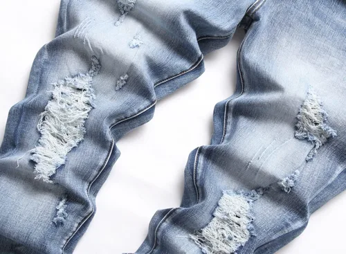 Vista 5 de Skinny Slim Fashion - Jeans elásticos de motociclista de Hip Hop con agujeros rectos rasgados.