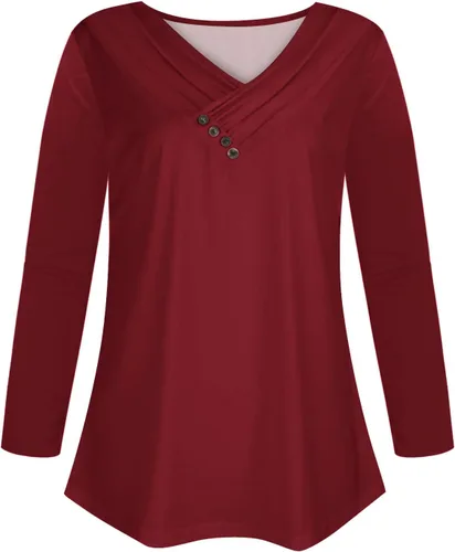 Vista 4 de Oggfader Blusas de manga larga para mujer, con cuello en V, ajuste holgado, con botones, color liso, casual, para otoño 2023