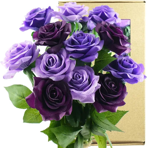 Vista 23 de FiveSeasonStuff 12 tallos de flores artificiales azul hielo, rosas de seda de tacto real para decoración de boda, en caja de regalo Azul helado