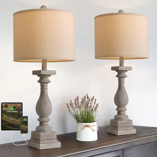 Vista 12 de BOBOMOMO Juego de 2 lámparas de mesa estilo granja de 27 pulgadas con USB A+C para dormitorio, sala de estar, lámparas vintage rústicas