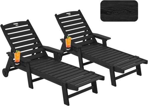 Vista 10 de Chaise Lounge Chair al aire libre con ruedas, silla de patio de gran tamaño con textura de madera, silla de plástico de 5 posiciones para piscina