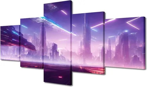 Vista 80 de Póster de 5 paneles en lienzo para decoración de pared, diseño de centro urbano Cyberpunk, impresión moderna, decoración de pared para el hogar