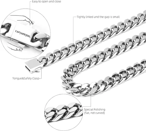 Vista 3 de CaptainSteeL Collar de cadena cubana Miami para hombres y mujeres, acero inoxidable 316L de 50.354in de ancho, 18"20"22"24" de largo, joyería de hip