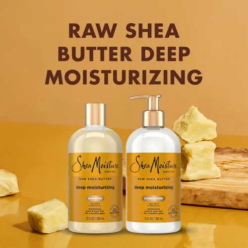 Vista 3 de Shea Moisture champú de manteca de karité de 13 oz y acondicionador fortalecedor 13 oz Fair Trade Raw Shea Butter, Sea Kelp & Argan Oil Moisture
