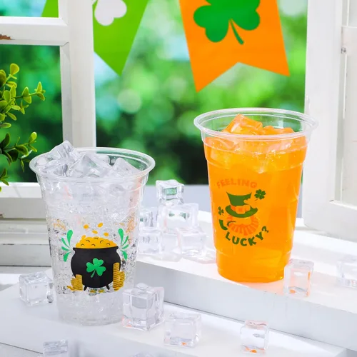 Vista 6 de JOYIN 72 vasos de plástico de 16 onzas para el día de San Patricio, vasos desechables verdes a granel con 4 patrones de caldero de trébol