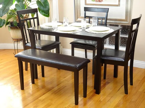 Vista 9 de Juego de mesa rectangular de 5 piezas, 3 sillas cálidas y 1 banco, madera maciza de estilo clásico, color espresso con tela sintética de cuero