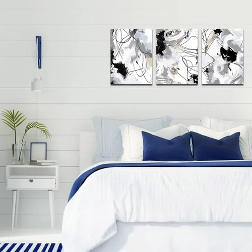 Vista 4 de Lienzo abstracto para pared, para dormitorio, baño, sala de estar, decoración de pared, negro, blanco, gris, moderno, abstracto, lienzo, impresiones