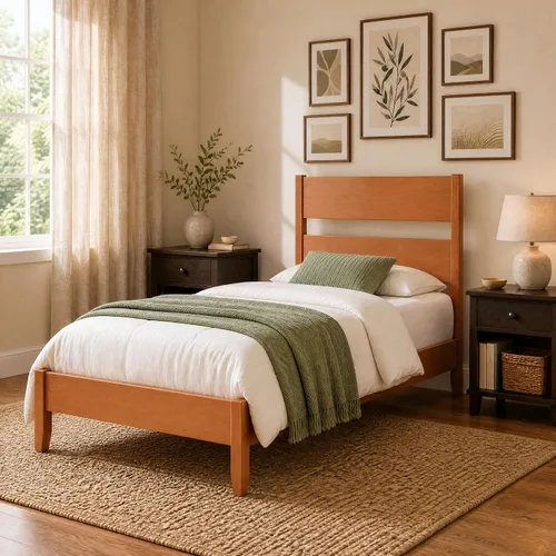 Vista 3 de KOMFOTT Twin Size Rubber Wood Bed Frame with Tall Headboard, Caramel Brown