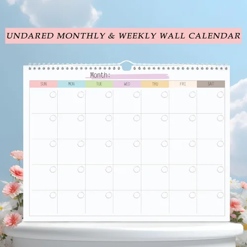 Vista 2 de Calendario de pared semanal mensual en blanco, planificador mensual sin fecha, bloc de notas para organizar la oficina en casa, 14.5 x 11.5 pulgadas
