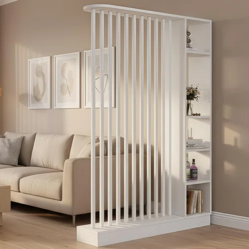 Vista 8 de Divisor de habitación de pared, estante divisor de madera independiente con estantes, pantalla separadora de pantalla divisora con almacenamiento