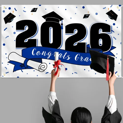 Vista 7 de Decoraciones de fiesta de graduación de felicitaciones 2026 – Cartel de fondo grande colgante de la clase de 2026, decoración de letrero de Gard Azul