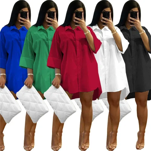 Vista 6 de GEMEIQ Womens Casual Shirt Dresses Button Down 34 Sleeve Summer Loose Fit Short Mini Dress