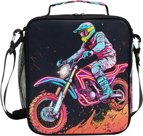 Vista 8 de Lonchera con patrón de cuadros blancos y negros, bolsa de almuerzo aislada, bolsa de preparación para niños, correa de hombro congelable a001