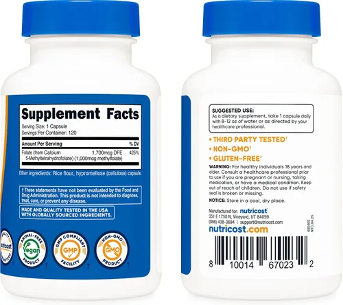 Vista 4 de Nutricost Methylfolato 1000 mcg, 120 cápsulas vegetarianas - Sin gluten, sin OMG