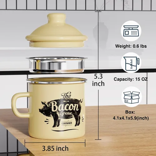 Vista 2 de PGYARD Mini Recipiente para Grasa de Tocino con Colador - Ahorrador de Grasa Esmaltado de 15 Onzas, Guardador de Grasa de Tocino Estilo Granja
