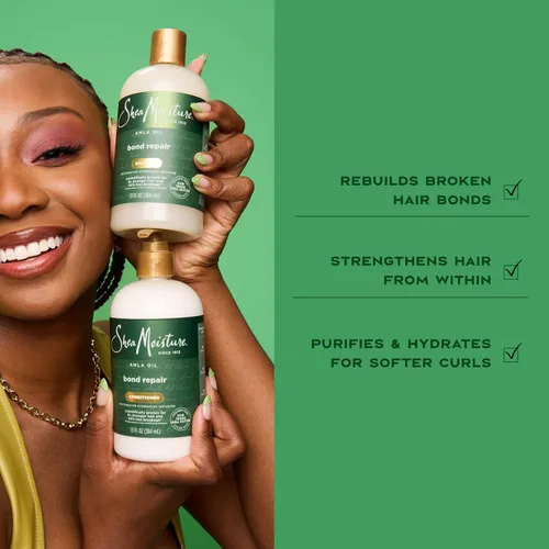 Vista 3 de Shea Moisture Amla Oil Bond Repair System Kit completo de rutina de fortalecimiento de 4 piezas para cabello dañado con tecnología HydroPlex