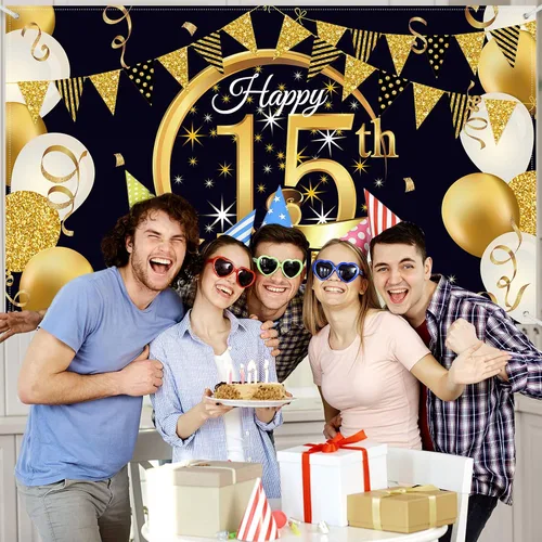 Vista 3 de Decoración de fiesta de cumpleaños número 15, cartel póster de tela extra grande negro y dorado para telón de fondo de cabina de fotos