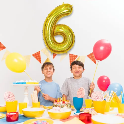 Vista 4 de Globos de cumpleaños de 6 años para niños, globos gigantes de Mylar con el número 6 autoinflables, globos de aluminio iridiscentes dorados, globos