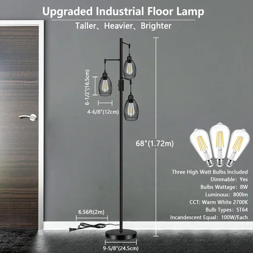 Vista 3 de LTBLIGHT Lámparas de pie para sala de estar, lámpara de pie industrial de árbol de 68 pulgadas con 3 bombillas Edison vintage regulables, luz de pie