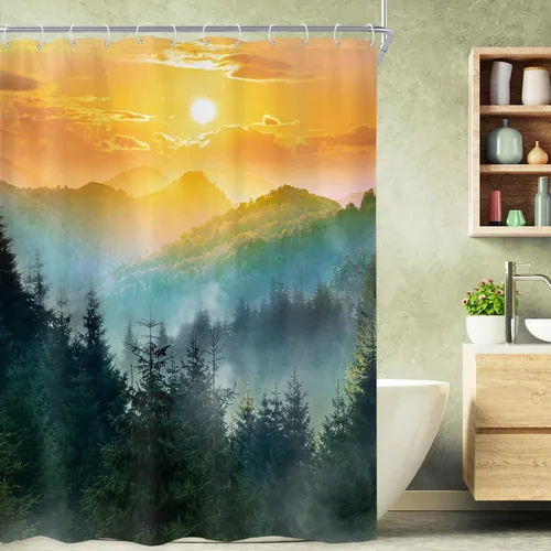 Vista 12 de Riyidecor - Cortina para ducha pequeña de montaña, 36 pulgadas de ancho x 72 pulgadas de alto, para RV, azul marino, con diseño de bosque nebuloso