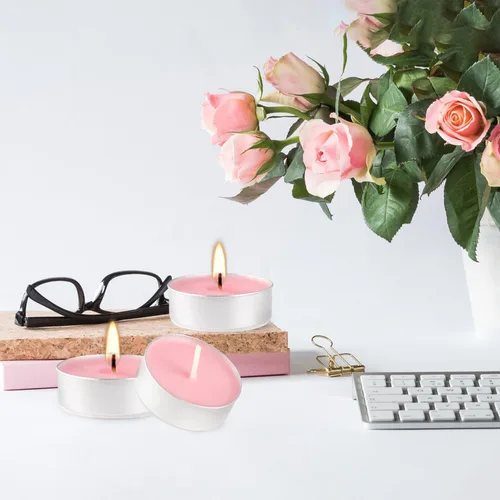 Vista 5 de Velas aromáticas de rosa rosa, paquete de 100 velas votivas gigantes a granel, juego de velas de té sin humo para el día de San Valentín