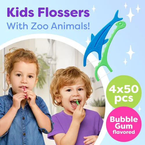 Vista 2 de Hilo dental para niños, paquete de 4 (200 unidades) – Divertidas púas de hilo dental en forma de animal para niños, sabor a chicle, fácil