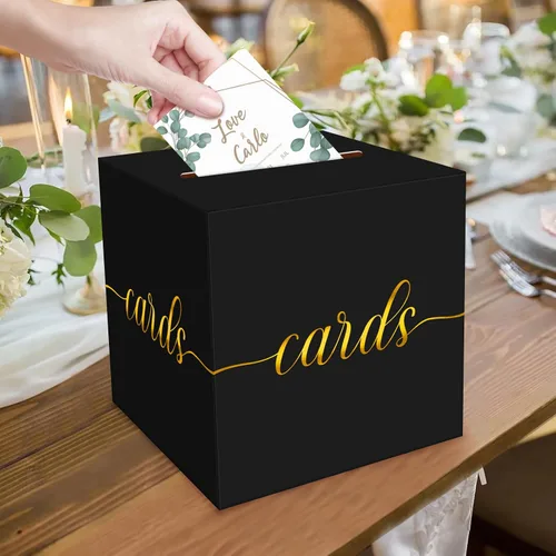 Vista 2 de 1 Paquete Caja de Tarjetas Negra y Dorada para Fiesta, Caja de Tarjetas de Regalo Negra de 8.7" para Cumpleaños, Boda, Baby Shower, Jubilación