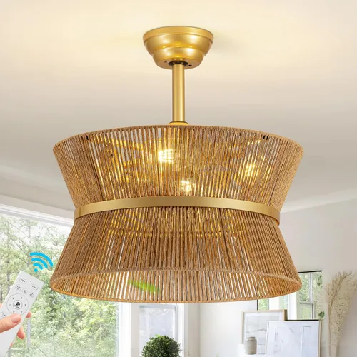 Vista 11 de Ventilador de techo estilo bohemio con luz de ratán con control remoto