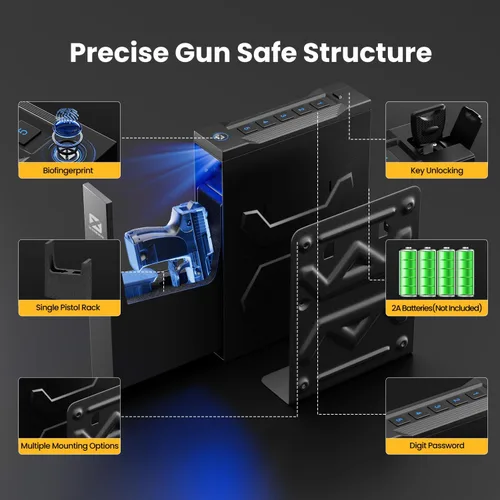 Vista 3 de XDeer Caja fuerte biométrica para pistola, caja fuerte para pistola deslizante, pistola de acceso rápido 0.1s para mesita de noche, mesita de noche