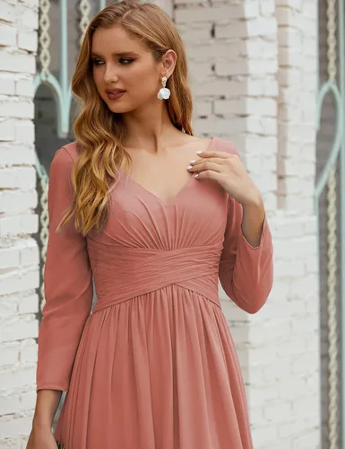 Vista 3 de nightbubo Vestido de dama de honor para mujer manga larga cuello en V vestido formal de gasa para boda